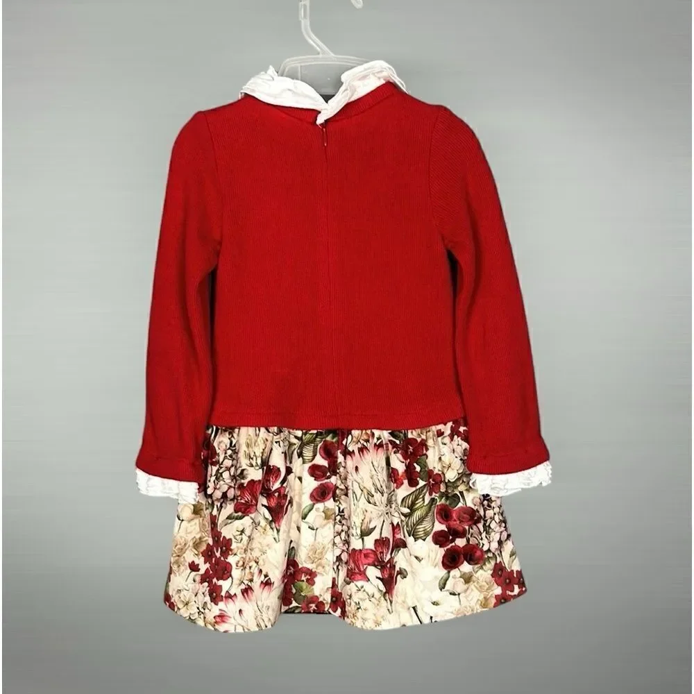 NWT Mayoral Girl’s Red Jumper Dress Floral Skirt Ruffle Collar Cuffs size 3